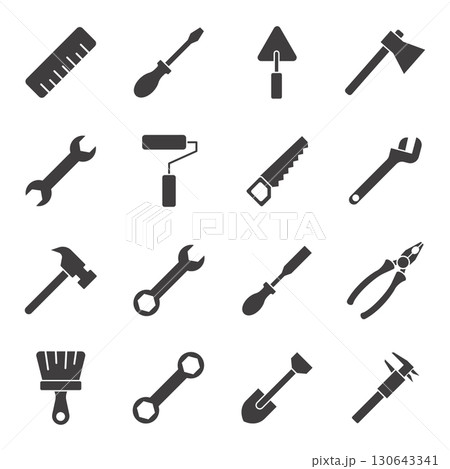 set of color tools and Instrument line icon, service sign icon Construction tool like screwdriver, saw, hammer, axe, ruler, wrench, vector abstract silhouette geometric engineering and Manufacturing	 130643341