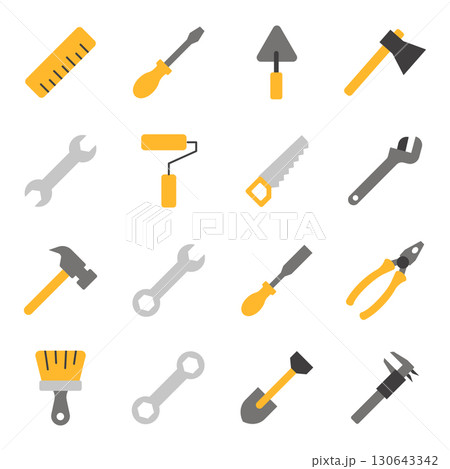 set of color tools and Instrument line icon, service sign icon Construction tool like screwdriver, saw, hammer, axe, ruler, wrench, vector abstract silhouette geometric engineering and Manufacturing	 130643342