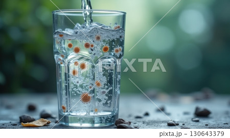 drinking glass filled with dirty water, containing visible bacteria and viruses drinking glass filled with dirty water, containing visible bacteria and viruses 130643379