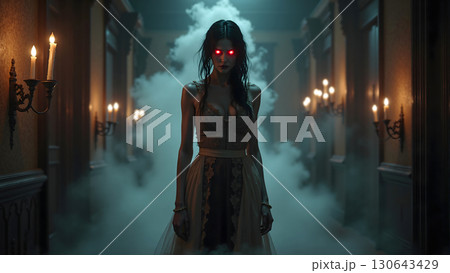 Woman with glowing red eyes walking through smoky haunted hallway. 130643429
