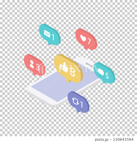 Illustration material of smartphone and SNS notification engagement (isometric, vector) 130643564