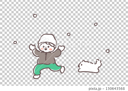 一個可愛的插圖，一個男孩和狗在雪地裡玩耍 130643568