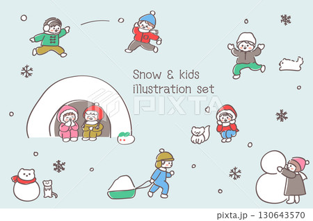 かわいい子供たちの雪遊びイラストセット ゆる可愛い手書きタッチ 130643570