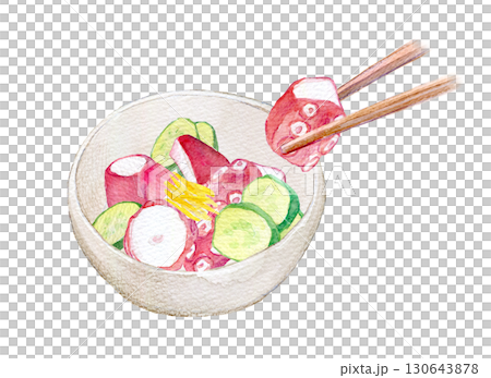 水彩イラスト　手描きイラスト　アナログイラスト　タコの酢の物酢の物 130643878