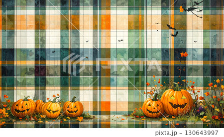 緑のチェック背景に並ぶカボチャと秋の花のハロウィン装飾 緑のチェック背景に並ぶカボチャと秋の花のハロウィン装飾 130643997