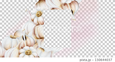 Watercolor garlic horizontal template with vertical copy space. Food label template with realistic illustration isolated on white. Hand drawn realistic vegetables in pastel beige and pink colors 130644037