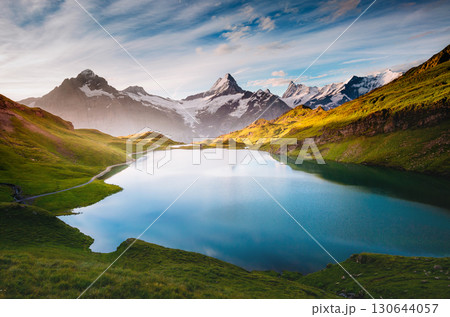 Panorama of Mt. Schreckhorn and Wetterhorn above Bachalpsee lake. Location place Swiss alps, Bernese Oberland, Grindelwald, Europe. 130644057
