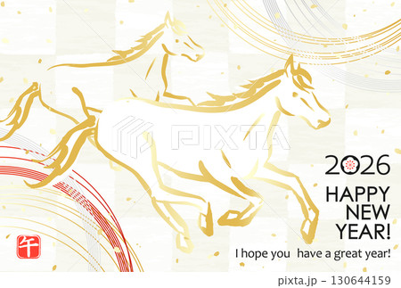 2026年　日本の年賀素材　市松模様に馬と水引 130644159