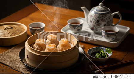 Steamed Shrimp Dumplings with Chinese Tea Set 130644179