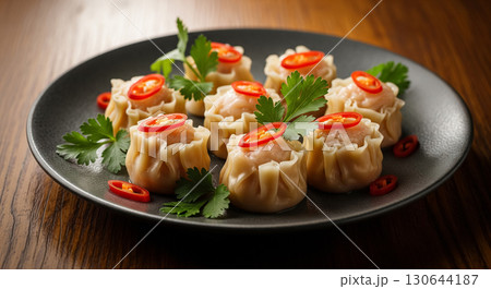Shrimp Siu Mai with Red Chili and Cilantro Garnish 130644187