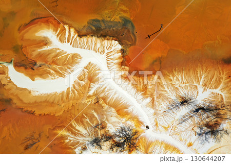 Abstract natural colorful patterns of acid mine drainage in decanting lake aerial view Abstract natural colorful patterns of acid mine drainage in decanting lake aerial view 130644207