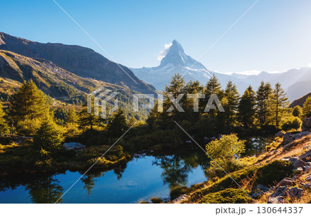 Great  panorama with famous peak Matterhorn. Location place Swiss alps, Grindjisee, Europe. Beauty world. 130644337