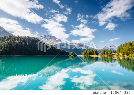 Great view of the azure pond Champfer. Location Swiss alps, Silvaplana village, district of Maloja, Europe. 130644353