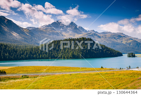Great view of the azure pond Champfer. Location Swiss alps, Silvaplana village, district of Maloja, Europe. Great view of the azure pond Champfer. Location Swiss alps, Silvaplana village, district of Maloja, Europe. 130644364