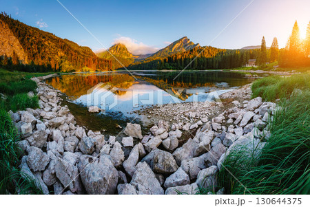 Great view of the azure pond Obersee glowing by sunlight. Locati 130644375