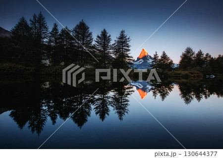 Great panorama with famous peak Matterhorn. Location place Swiss alps, Grindjisee, Europe. Beauty world. Great panorama with famous peak Matterhorn. Location place Swiss alps, Grindjisee, Europe. Beauty world. 130644377