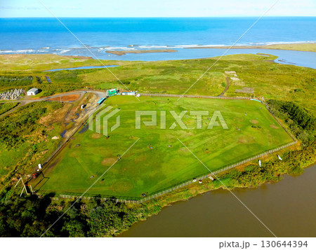 初秋の北海道江差町でパークゴルフ場の風景を空撮 130644394