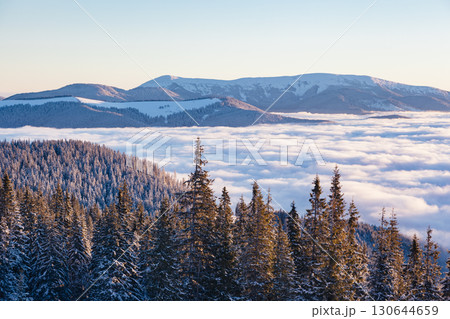 View of the misty valley. Location Carpathian, Ukraine, Europe. View of the misty valley. Location Carpathian, Ukraine, Europe. 130644659
