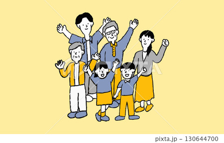3世代の6人家族　祖父母・父母・子供のクレヨンタッチのイラスト 130644700