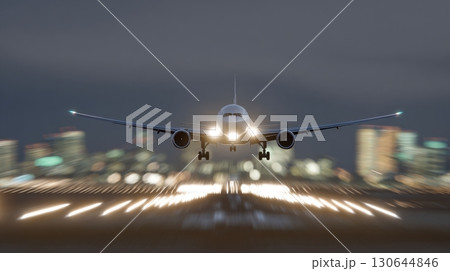 An airplane approaches the runway at twilight, surrounded by shimmering city lights and a clear sky above An airplane approaches the runway at twilight, surrounded by shimmering city lights and a clear sky above 130644846