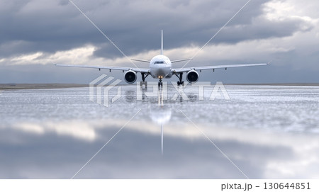 Airplane aligns on a runway reflecting water, ready for departure on a cloudy day with rain 130644851