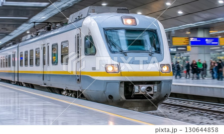 A sleek train approaches a crowded city station with travelers waiting to board 130644858
