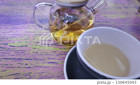 Glass teapot and a white cup filled with herbal tea on a colorful wooden table Glass teapot and a white cup filled with herbal tea on a colorful wooden table 130645043