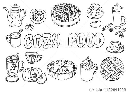 Cozy food coloring page with pies, cakes, hot drinks, teapot, pumpkin and spices in simple line art style Cozy food coloring page with pies, cakes, hot drinks, teapot, pumpkin and spices in simple line art style 130645066