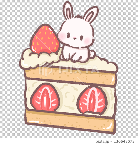 Cute bunny sitting on top a sliced strawberry short cake dessert clipart adorable pastel illustration perfect for invitations greeting cards scrapbooking and craft projects 130645075