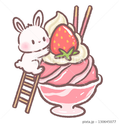 Cute bunny climbing a ladder on a strawberry sundae ice cream dessert clipart adorable pastel illustration perfect for invitations greeting cards scrapbooking and craft projects Cute bunny climbing a ladder on a strawberry sundae ice cream dessert clipart adorable pastel illustration perfect for invitations greeting cards scrapbooking and craft projects 130645077