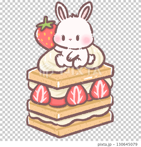 Cute bunny sitting on top of a strawberry mille feuille dessert clipart adorable pastel illustration perfect for invitations greeting cards scrapbooking and craft projects Cute bunny sitting on top of a strawberry mille feuille dessert clipart adorable pastel illustration perfect for invitations greeting cards scrapbooking and craft projects 130645079