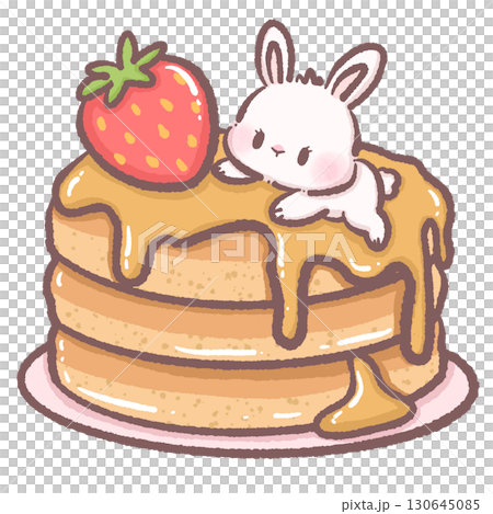 Cute bunny laying on a stack of pancakes drizzled in caramel and strawberry dessert clipart adorable pastel illustration perfect for invitations greeting cards scrapbooking and craft projects 130645085