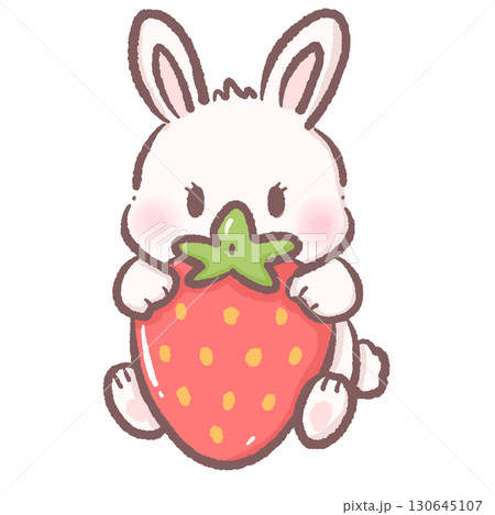 Cute bunny holding a giant strawberry hugging dessert clipart adorable pastel illustration perfect for invitations greeting cards scrapbooking and craft projects 130645107