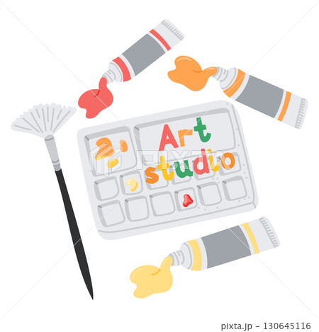 Art studio scene with paint tubes, colorful palette and a brush next to hand-lettered text 130645116