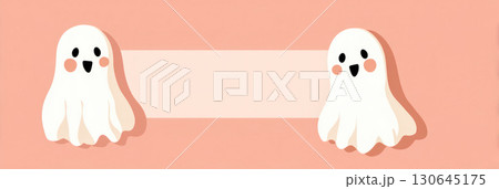 Cute ghost illustration with pastel colors and playful expressions, featuring a blank area for text, perfect for Halloween-themed designs and decorations 130645175
