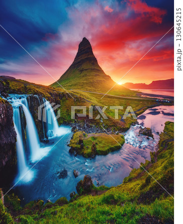 Kirkjufell volcano the coast of Snaefellsnes peninsula. Location famous Kirkjufellsfoss waterfall, Iceland, Europe. Kirkjufell volcano the coast of Snaefellsnes peninsula. Location famous Kirkjufellsfoss waterfall, Iceland, Europe. 130645215