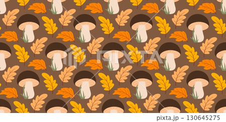 Autumn cozy print with boletus and foliage Autumn cozy print with boletus and foliage 130645275