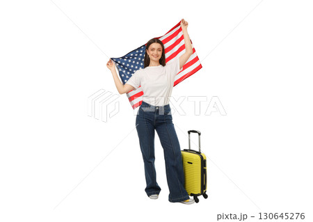 Woman with flag and luggage, ready to go, isolated on white, PNG Woman with flag and luggage, ready to go, isolated on white, PNG 130645276