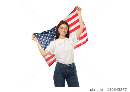 Woman proudly waves an American flag, isolated on white, PNG Woman proudly waves an American flag, isolated on white, PNG 130645277