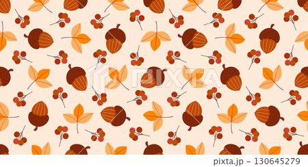 Autumn cozy print with acorns, leaves and rowan berries Autumn cozy print with acorns, leaves and rowan berries 130645279