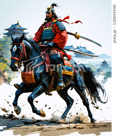 日本の城を背景に馬に乗って戦う侍 130645499