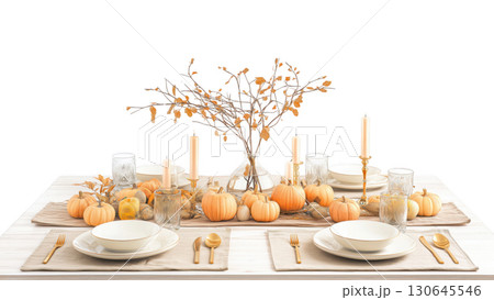 Autumn table with pumpkins and candles, created AI, PNG Autumn table with pumpkins and candles, created AI, PNG 130645546