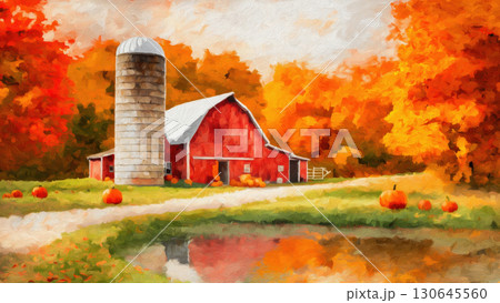 Colorful leaves frame a red barn and pumpkins, created AI Colorful leaves frame a red barn and pumpkins, created AI 130645560