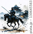 日本の城を背景に馬に乗って戦う侍 130645563
