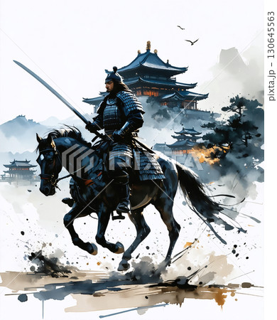 日本の城を背景に馬に乗って戦う侍 130645563