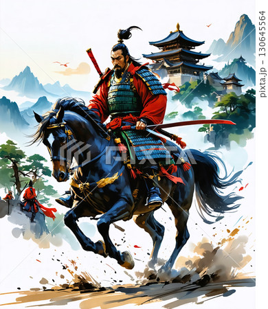 日本の城を背景に馬に乗って戦う侍 130645564