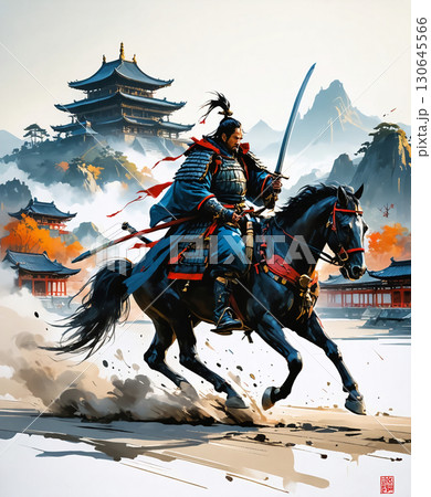 日本の城を背景に馬に乗って戦う侍 130645566