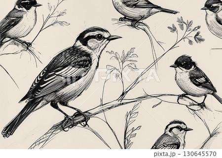 A Hand-Drawn Illustration of Various Songbirds Perched on Branches. Classic Black and White Pencil Drawing, a Nature Study for Wildlife Art. 130645570