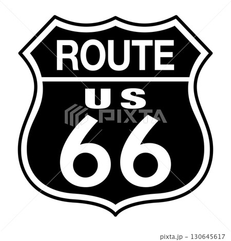 Shield of Route 66. Sign and classic representation of the Route 66 highway. U.S. Route 66, the Mother Road, a historic 2,400-mile highway that ran from Chicago, Illinois to Santa Monica, California. 130645617