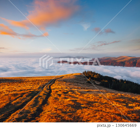 Splendid view of the mountains covered with thick fog. 130645669